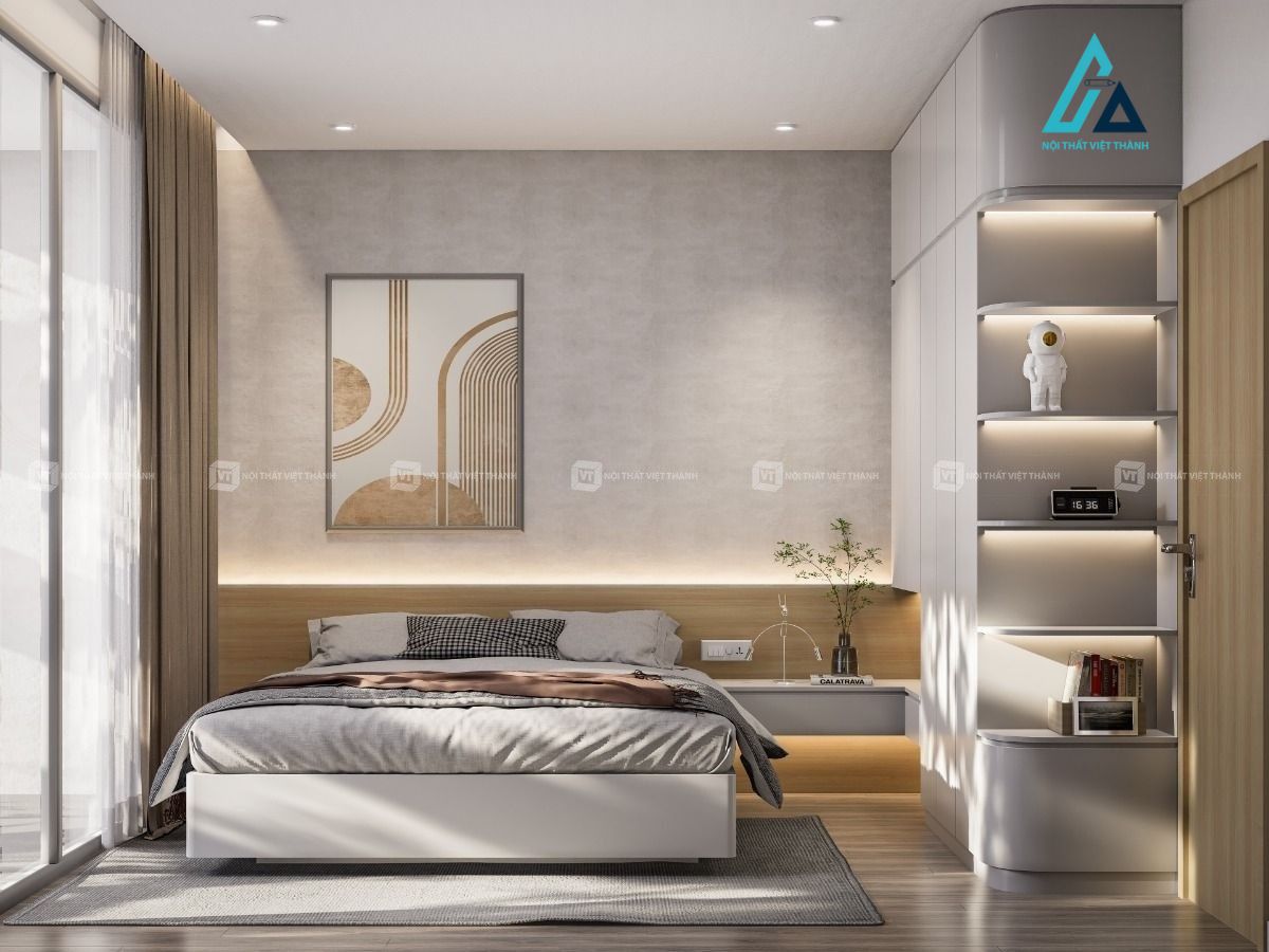 Thiết kế thi công nội thất phòng ngủ chung cư căn hộ tone trắng phối vân gỗ