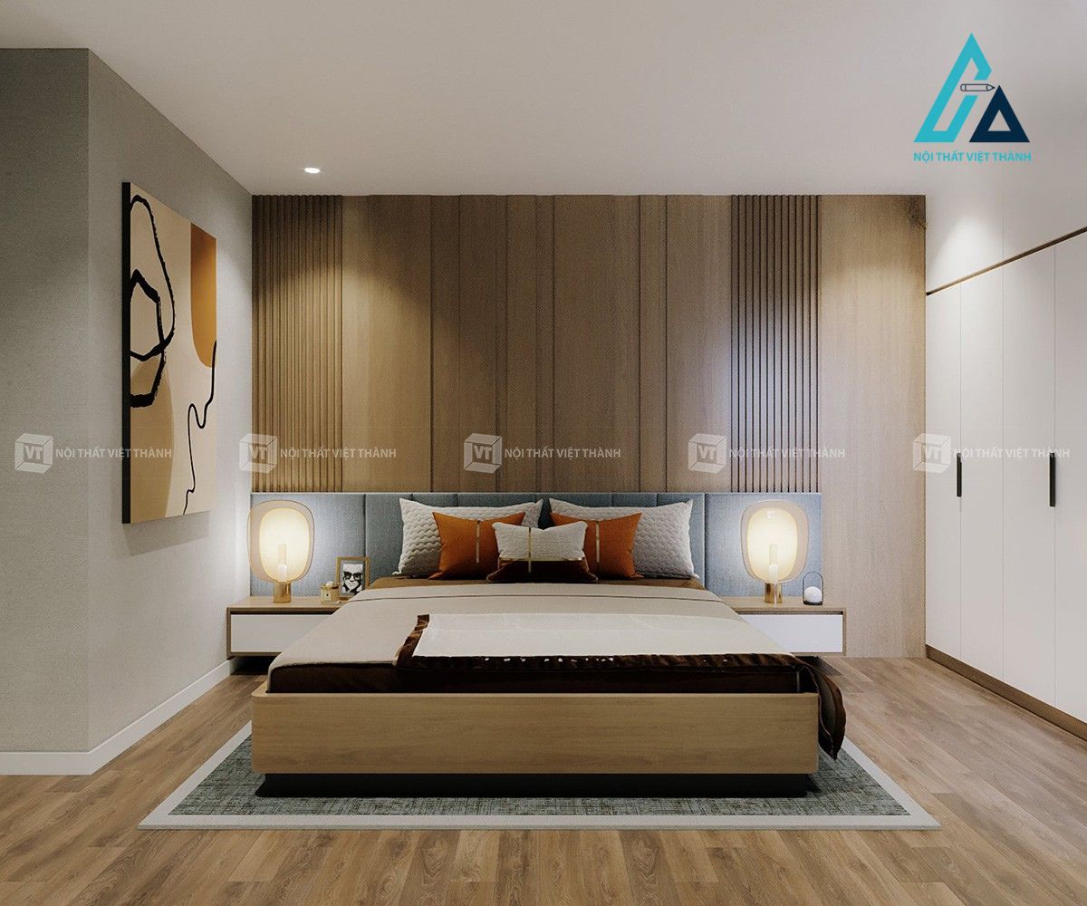 Thiết kế thi công nội thất phòng ngủ combo gồm giường ngủ và tủ quần áo