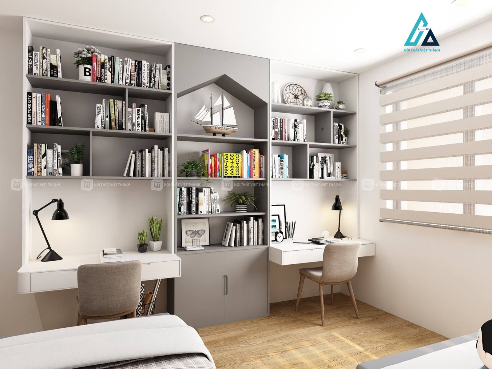Thiết kế thi công nội thất phòng trẻ em với bàn học tiện nghi hiện đại