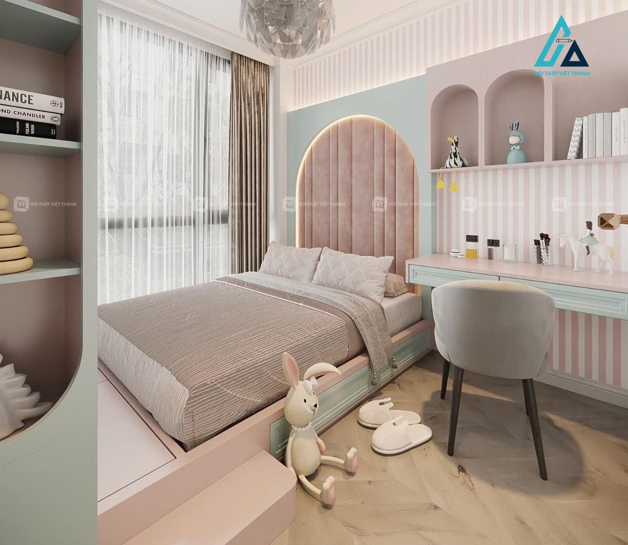 Thiết kế thi công nội thất phòng trẻ em với giường ngủ tiện nghi hiện đại