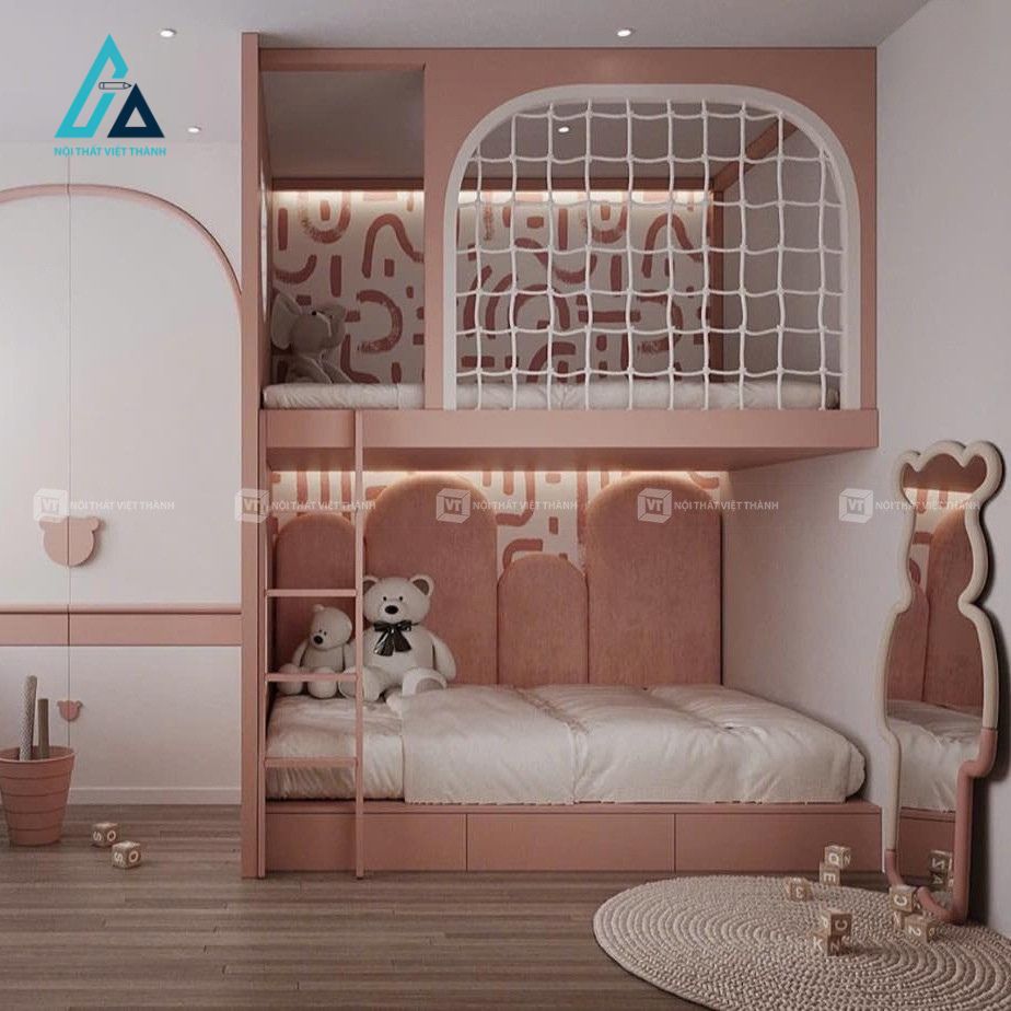 Thiết kế thi công nội thất phòng trẻ em màu hồng đáng yêu hiện đại