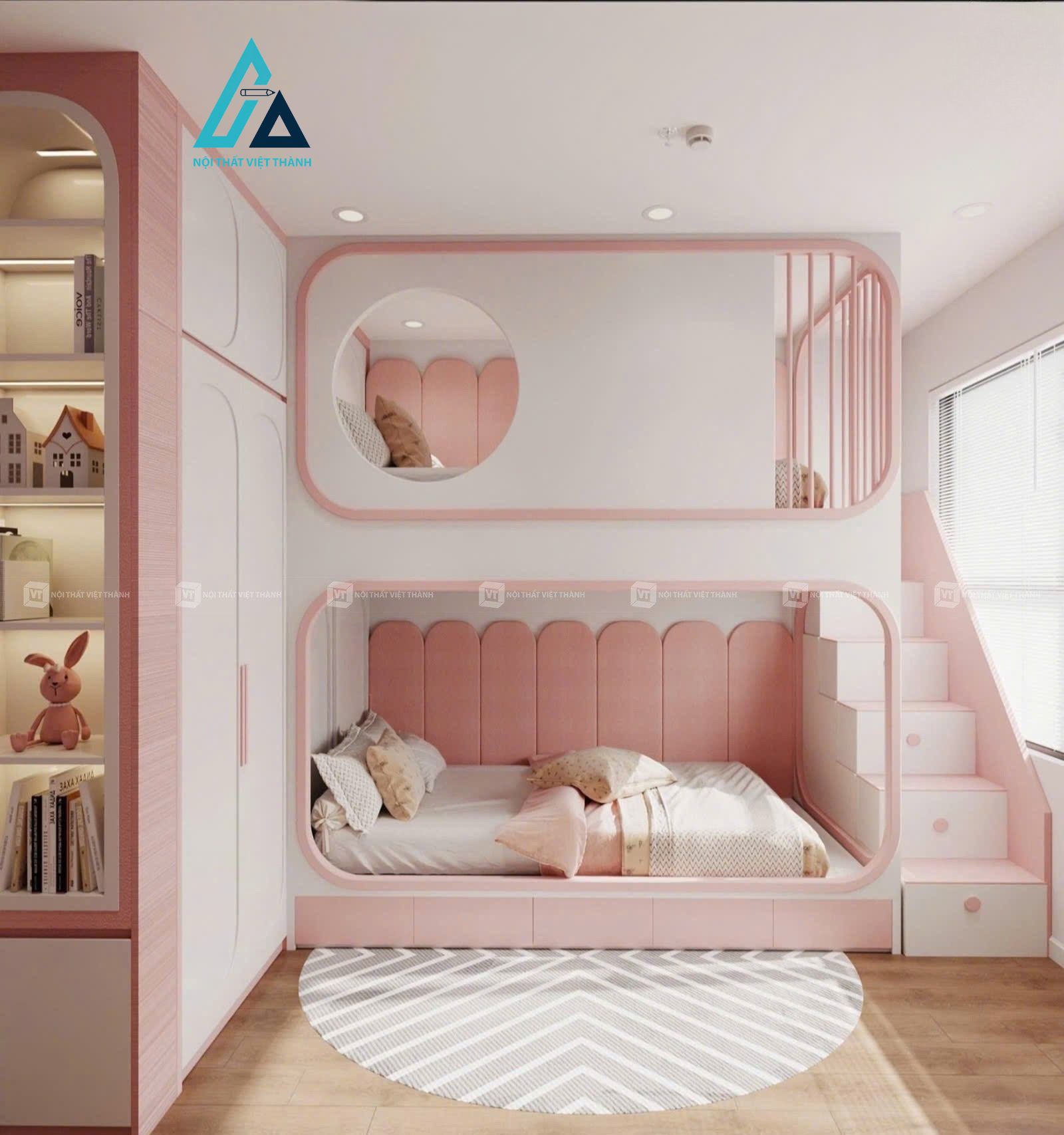 Thiết kế thi công nội thất phòng trẻ em màu hồng pastel xinh xắn hiện đại