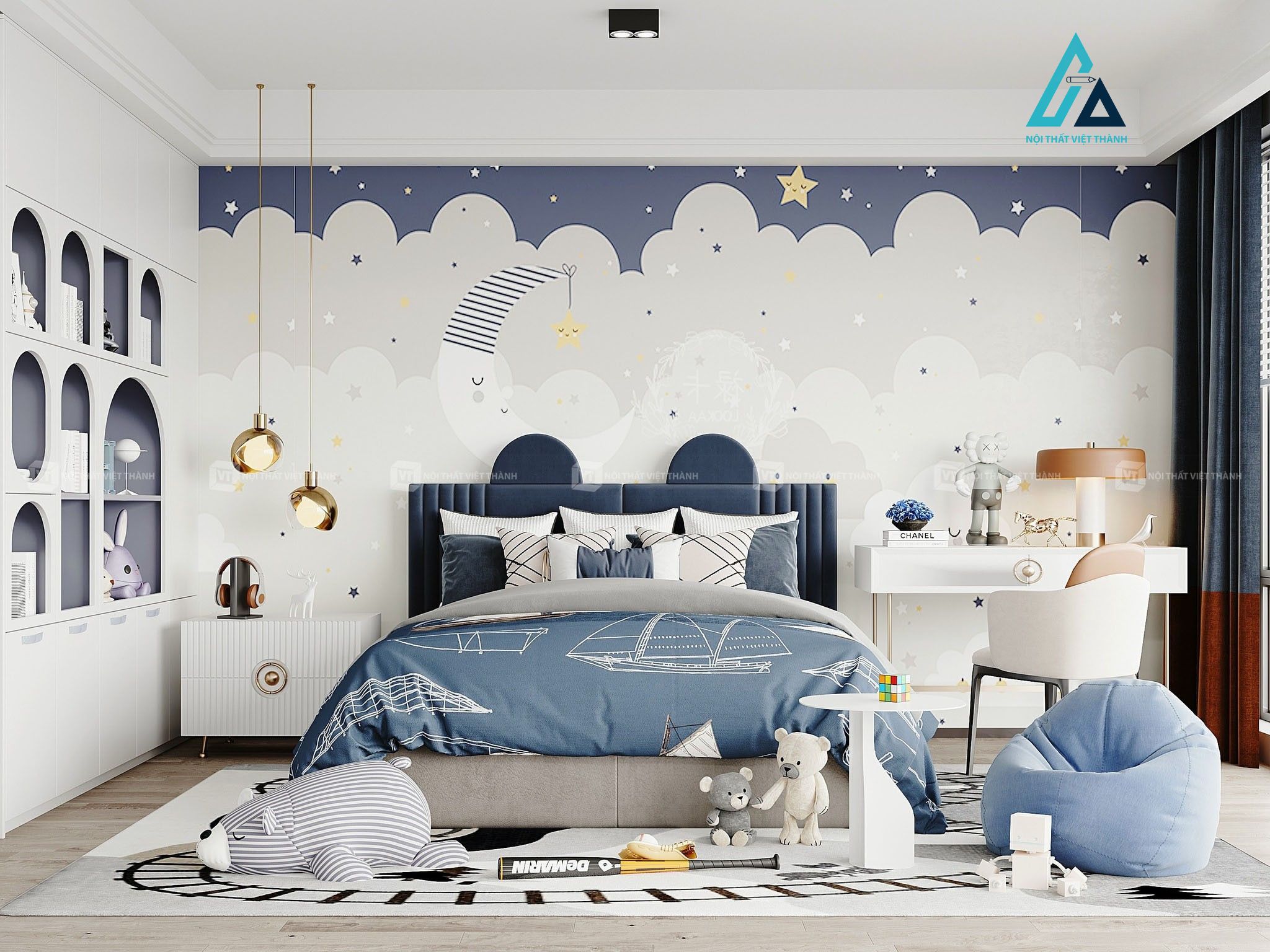 Thiết kế thi công nội thất phòng trẻ em tone xanh