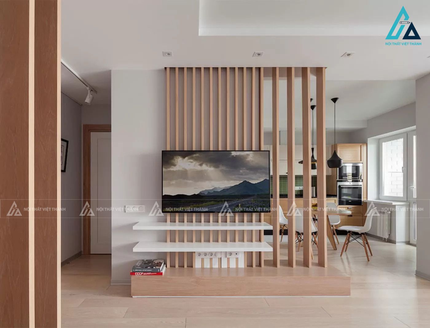 Mẫu vách ngăn trang trí kết hợp kệ tivi
