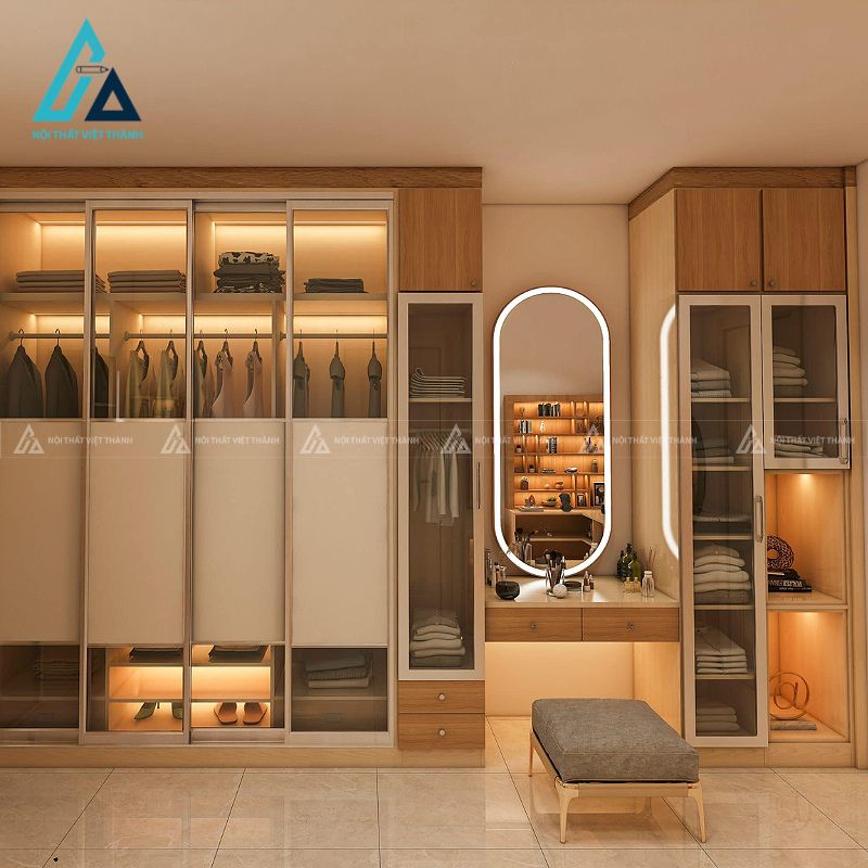 Mẫu tủ quần áo kết hợp bàn trang điểm có gương LED