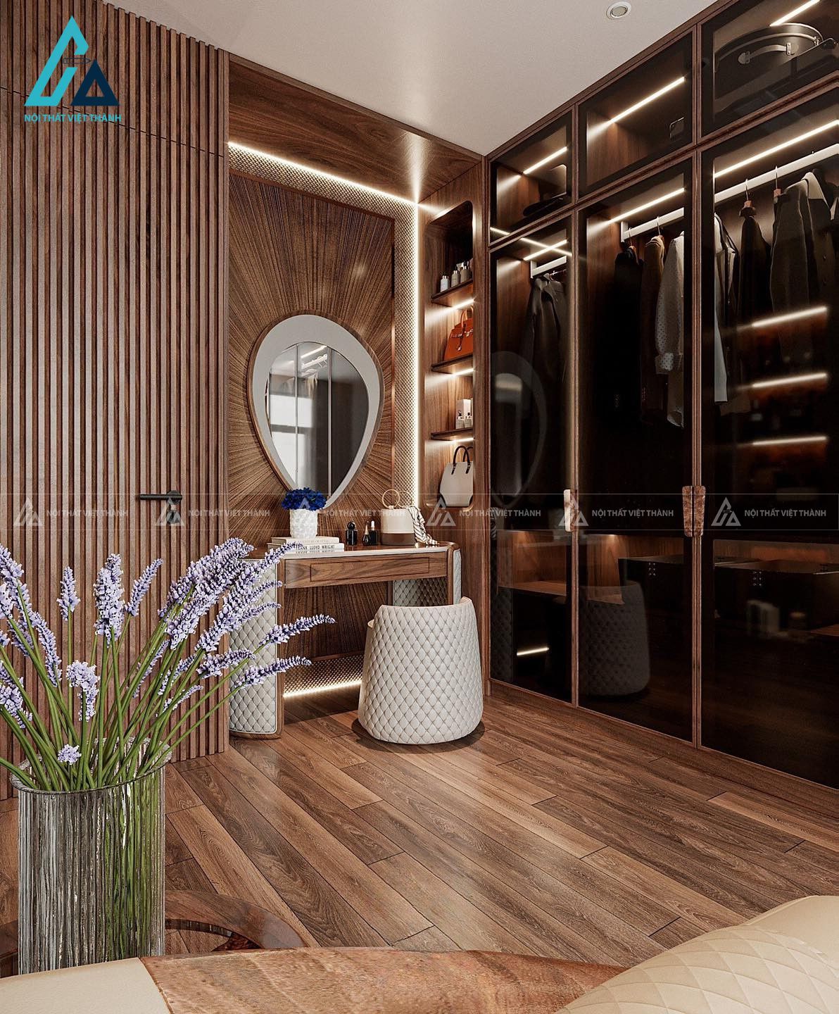 Mẫu tủ quần áo kết hợp bàn trang điểm gỗ tự nhiên sang trọng