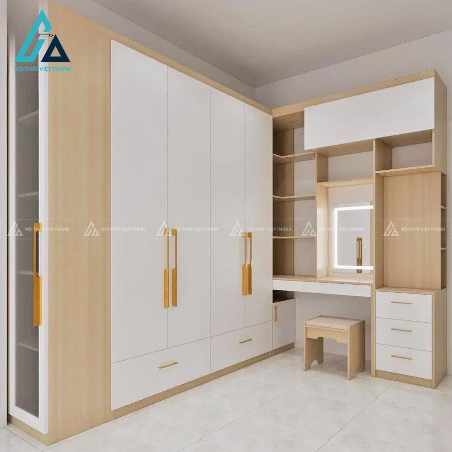 Tích hợp tủ quần áo và bàn trang điểm giúp tiết kiệm không gian đáng kể