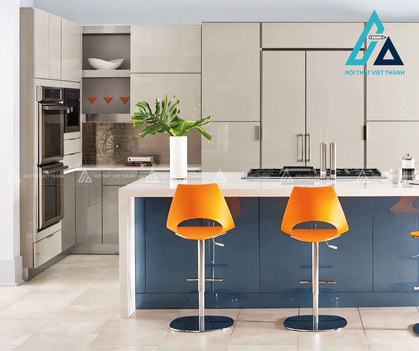 Tủ bếp Acrylic 3 màu kem xám xanh hiện đại bóng gương sang trọng 1