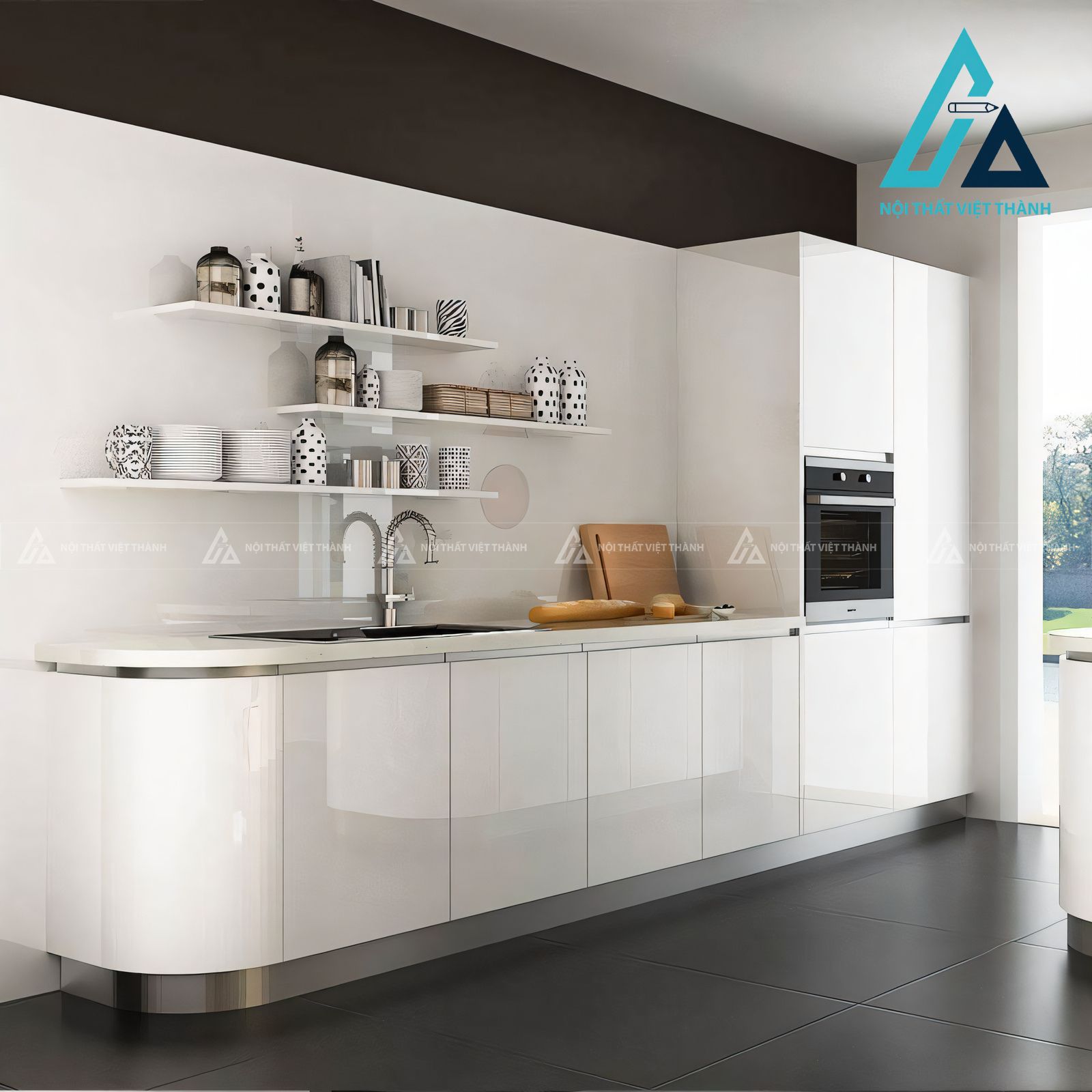 Tủ bếp Acrylic trắng bóng bo góc hiện đại cao cấp sang trọng