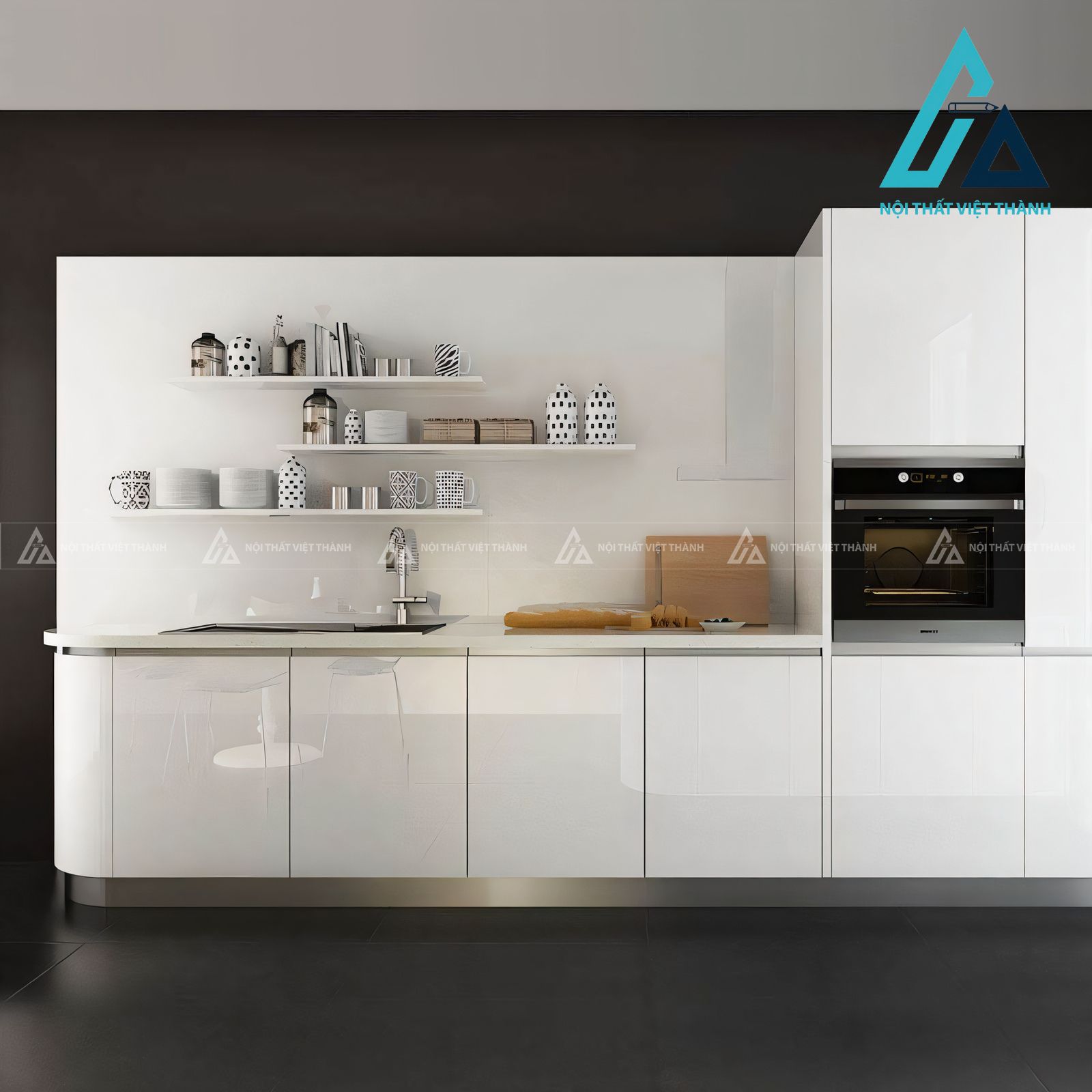 Tủ bếp Acrylic trắng bóng bo góc hiện đại cao cấp sang trọng 1