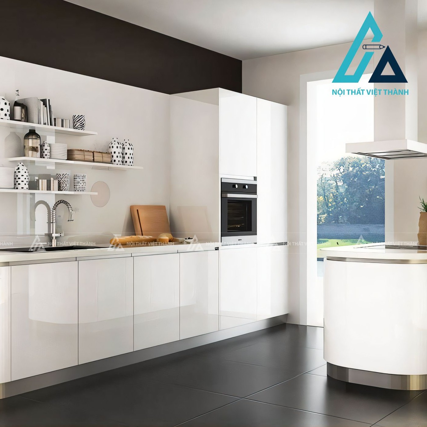 Tủ bếp Acrylic trắng bóng bo góc hiện đại cao cấp sang trọng 2