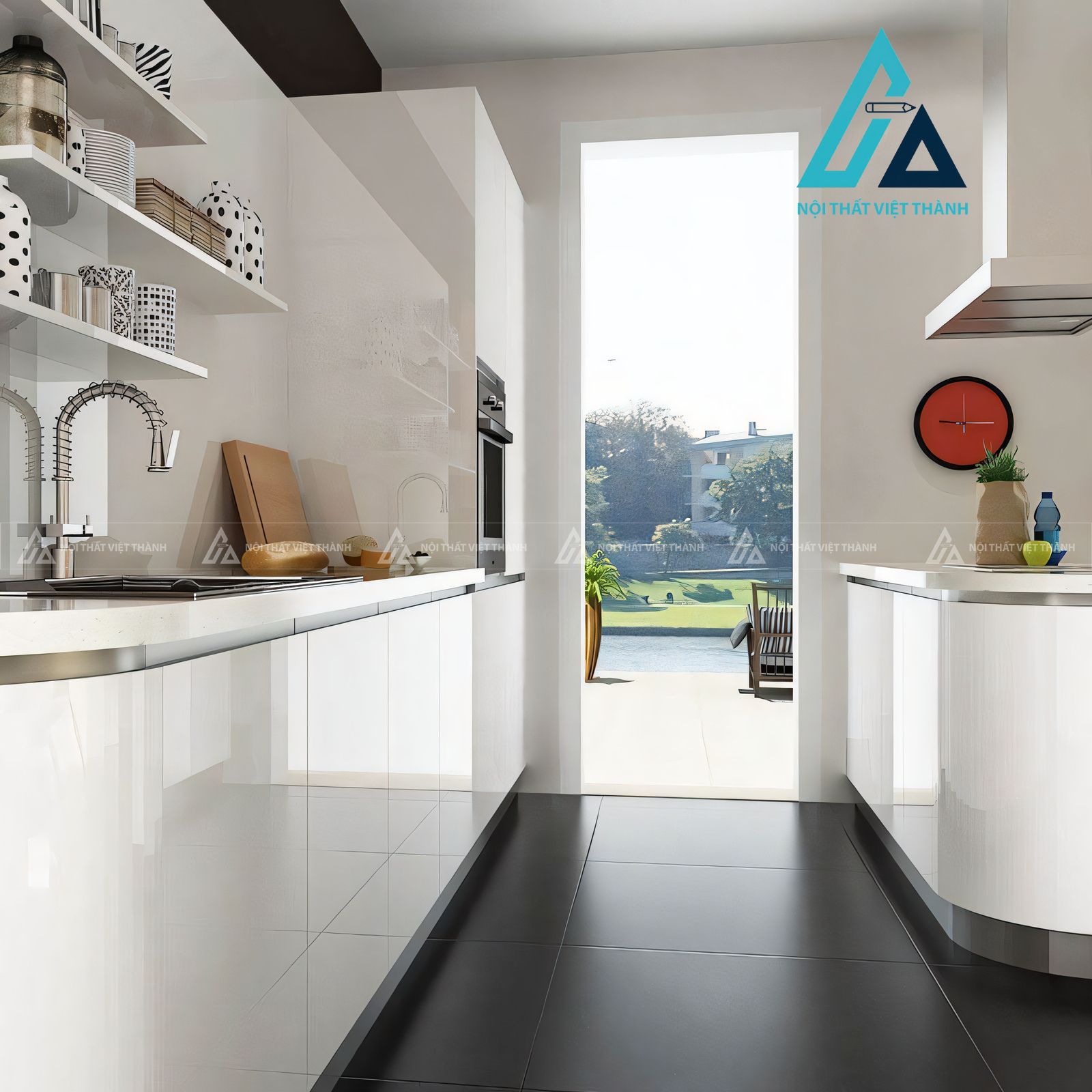 Tủ bếp Acrylic trắng bóng bo góc hiện đại cao cấp sang trọng 4