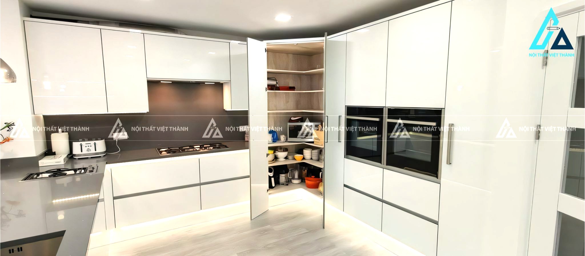 Tủ bếp Acrylic trắng bóng gương thiết kế hiện đại sang trọng