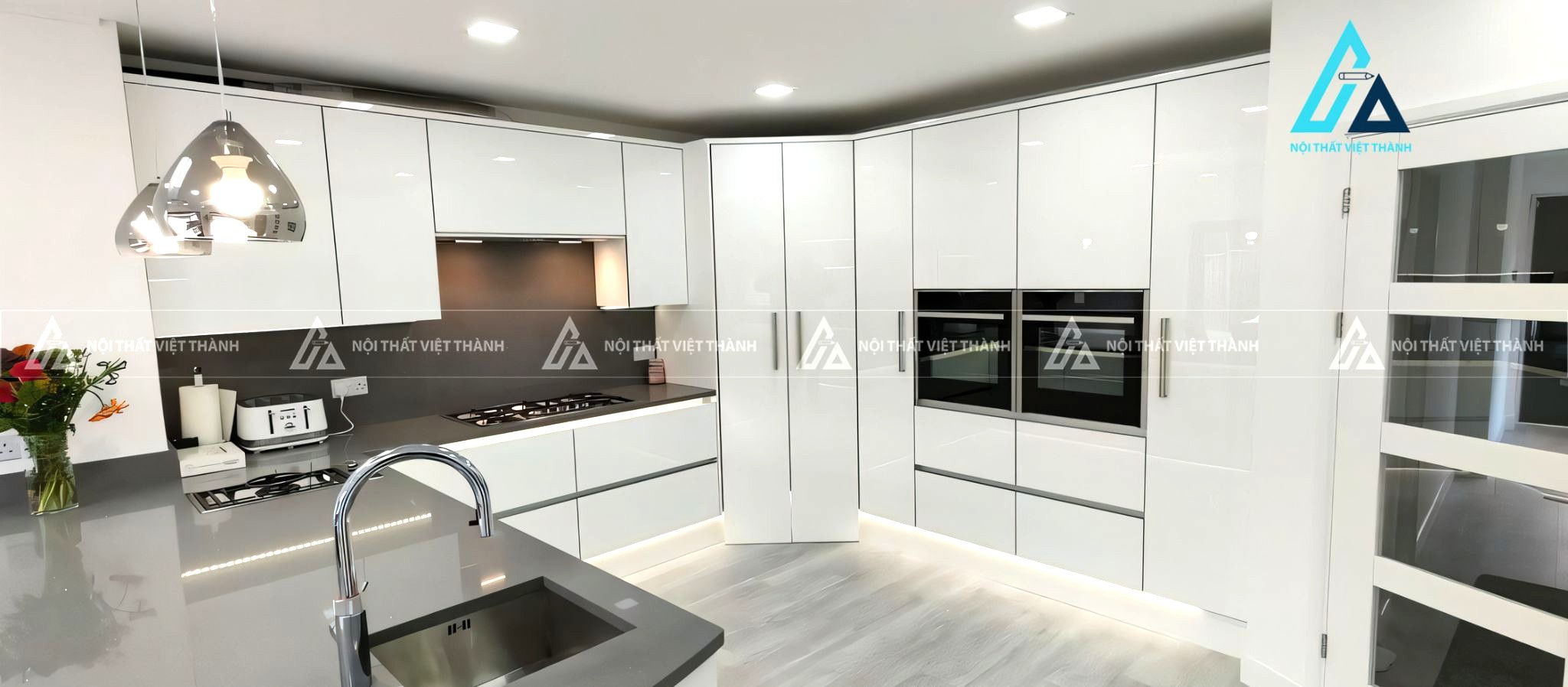 Tủ bếp Acrylic trắng bóng gương thiết kế hiện đại sang trọng 4