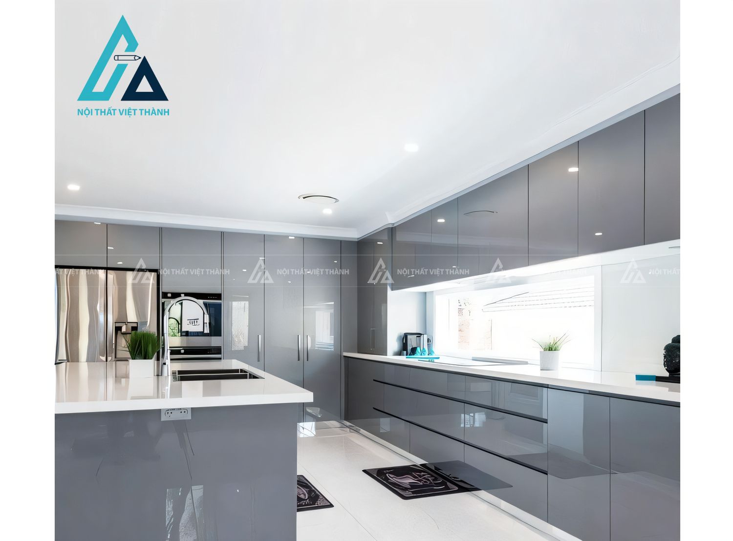 Tủ bếp Acrylic xám bóng gương chữ L kèm đảo bếp hiện đại sang trọng 1