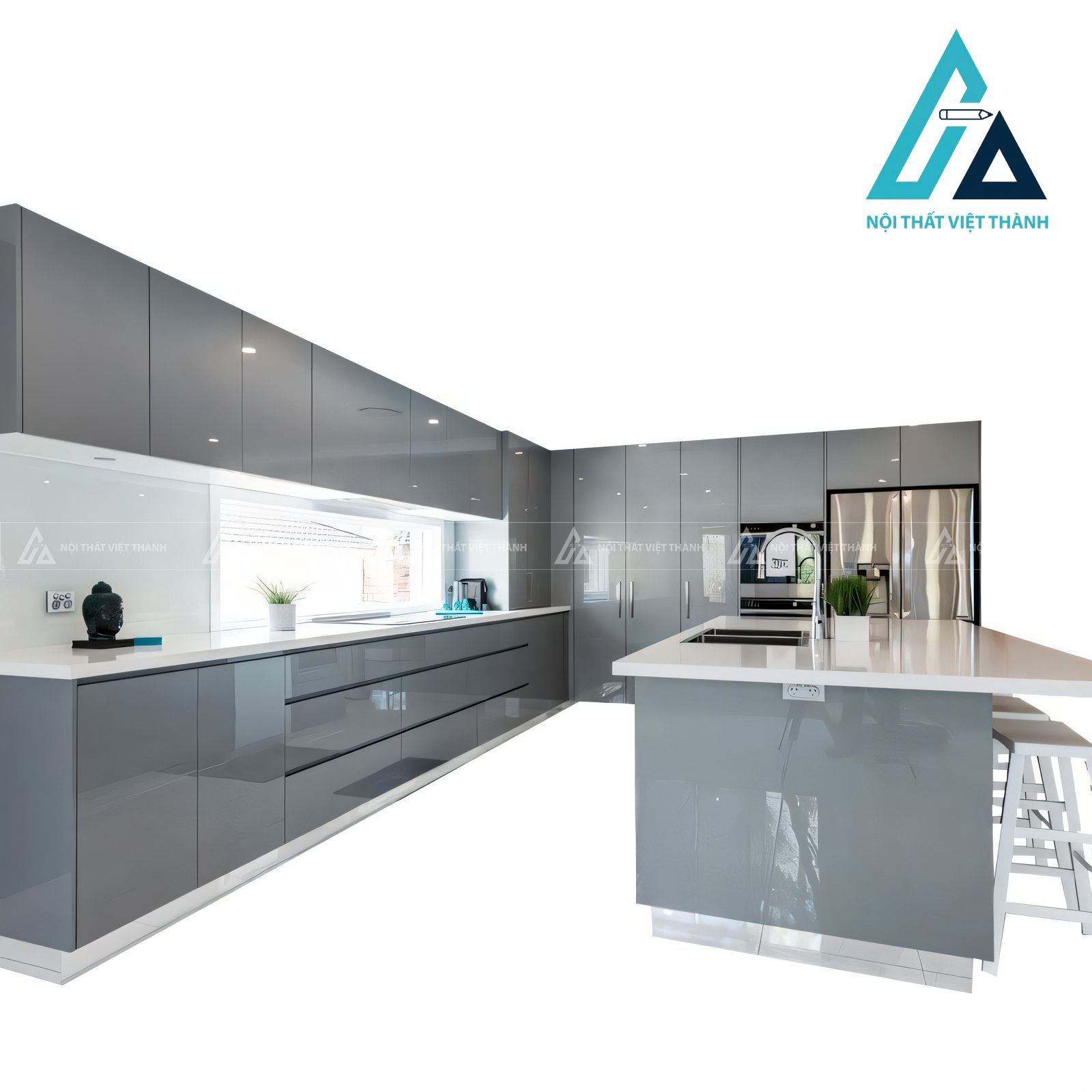 Tủ bếp Acrylic xám bóng gương chữ L kèm đảo bếp hiện đại sang trọng 3