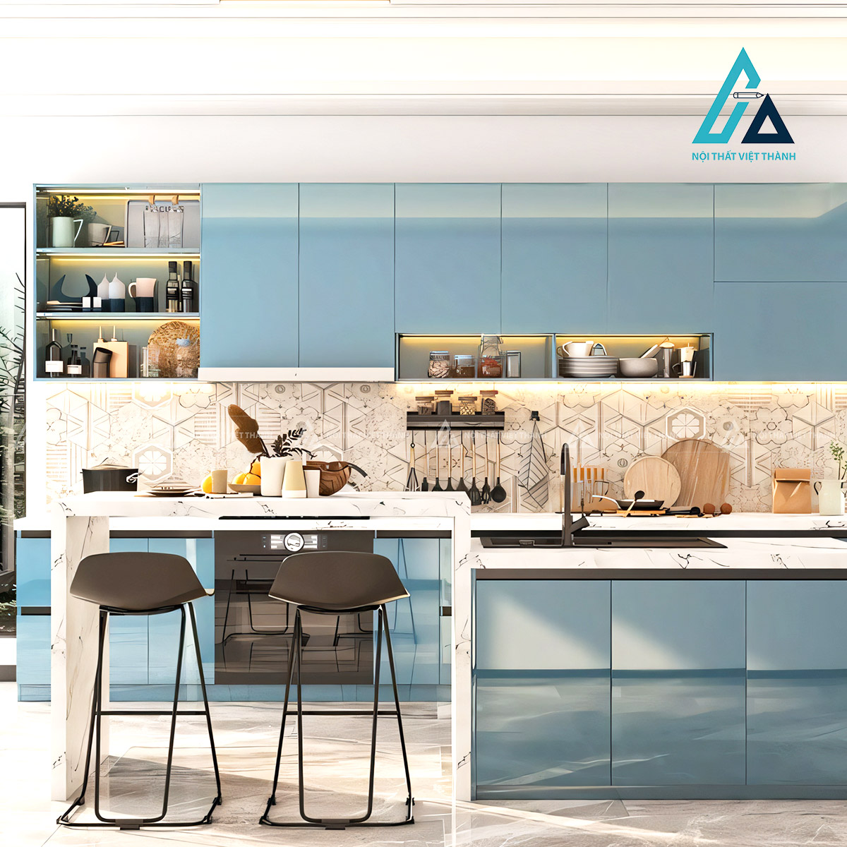 Tủ bếp Acrylic xanh khói bóng gương liền khối kèm đảo bếp hiện đại