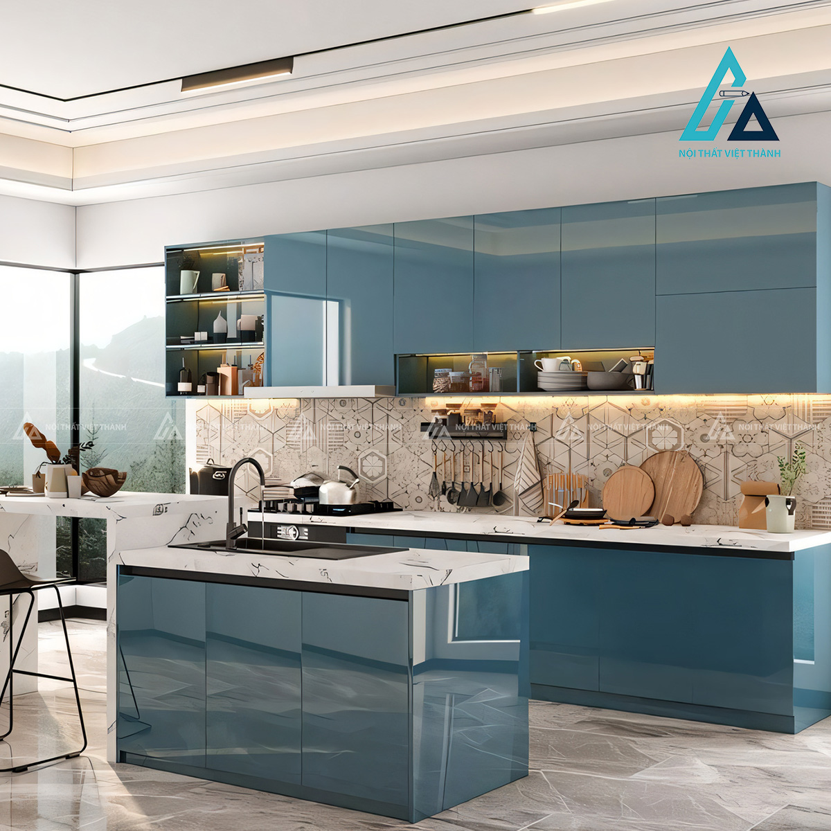 Tủ bếp Acrylic xanh khói bóng gương liền khối kèm đảo bếp hiện đại 1