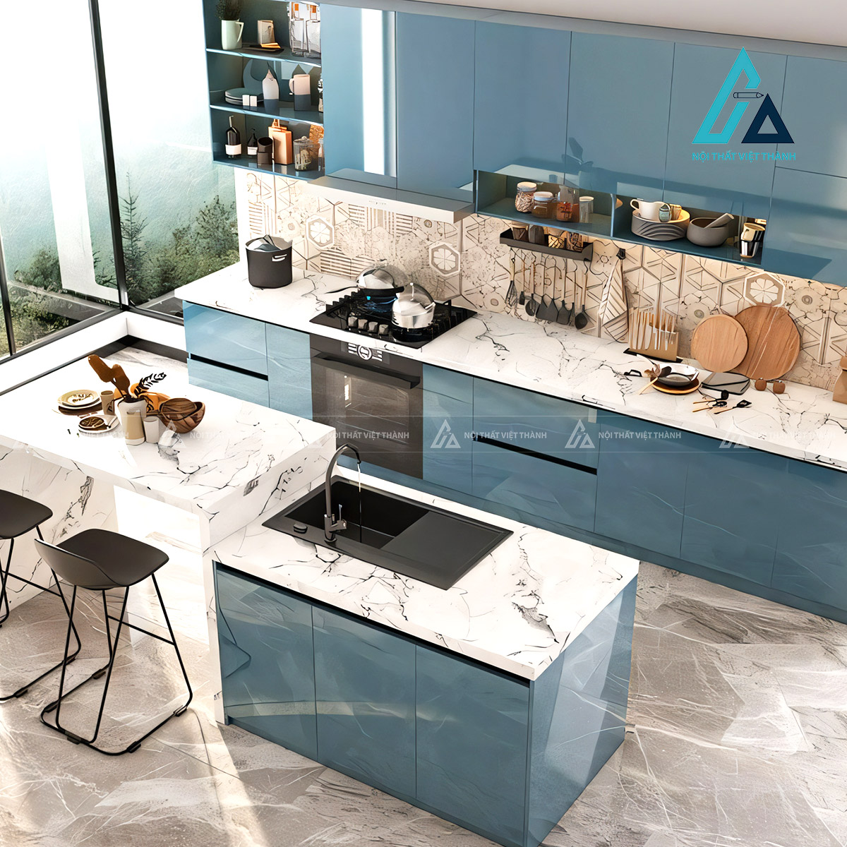 Tủ bếp Acrylic xanh khói bóng gương liền khối kèm đảo bếp hiện đại 2