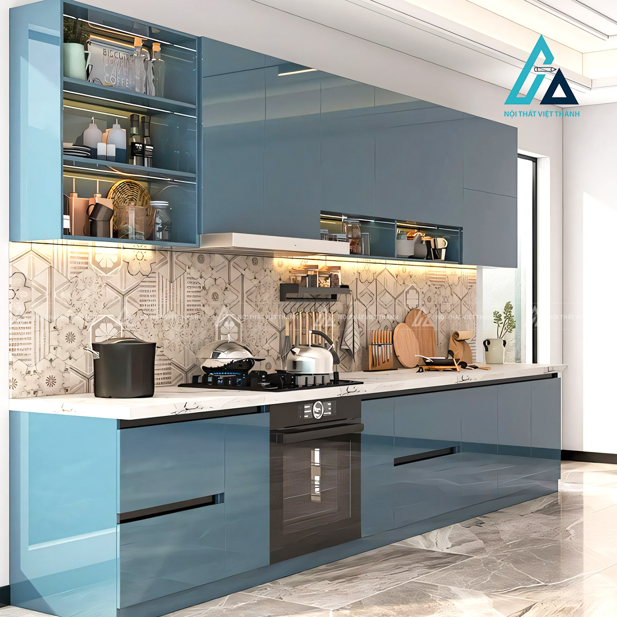 Tủ bếp Acrylic xanh khói bóng gương liền khối kèm đảo bếp hiện đại 3