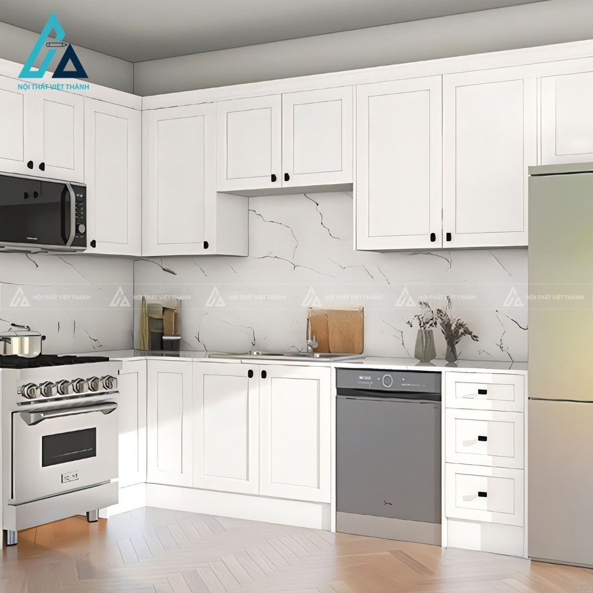 Tủ bếp gỗ công nghiệp cánh trắng phong cách hiện đại 1