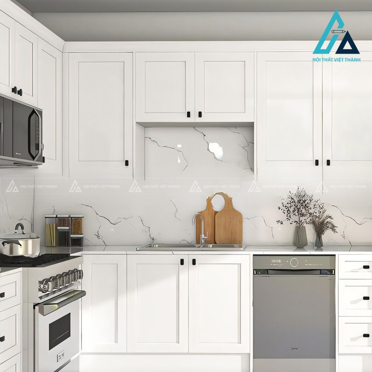 Tủ bếp gỗ công nghiệp cánh trắng phong cách hiện đại 2