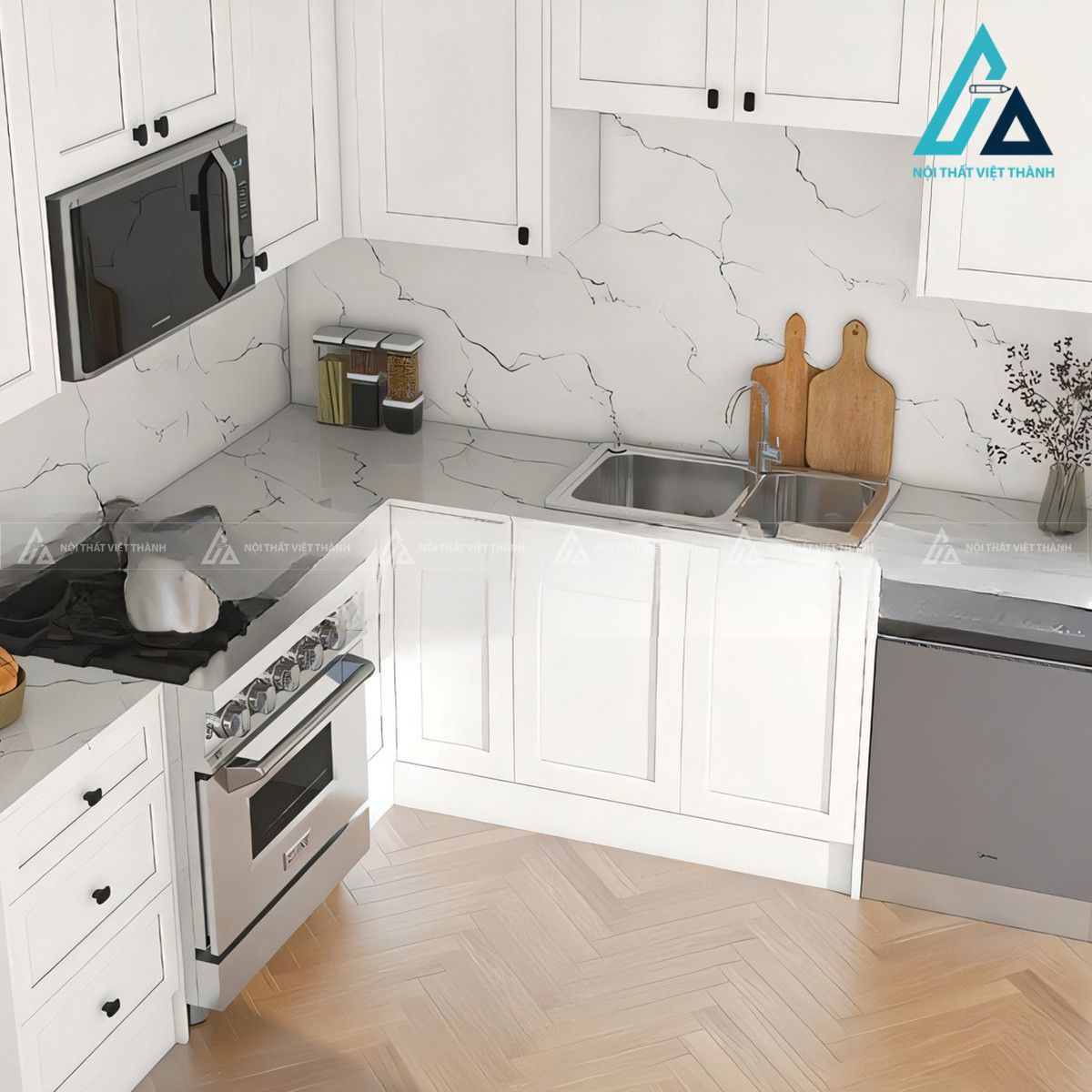 Tủ bếp gỗ công nghiệp cánh trắng phong cách hiện đại 3