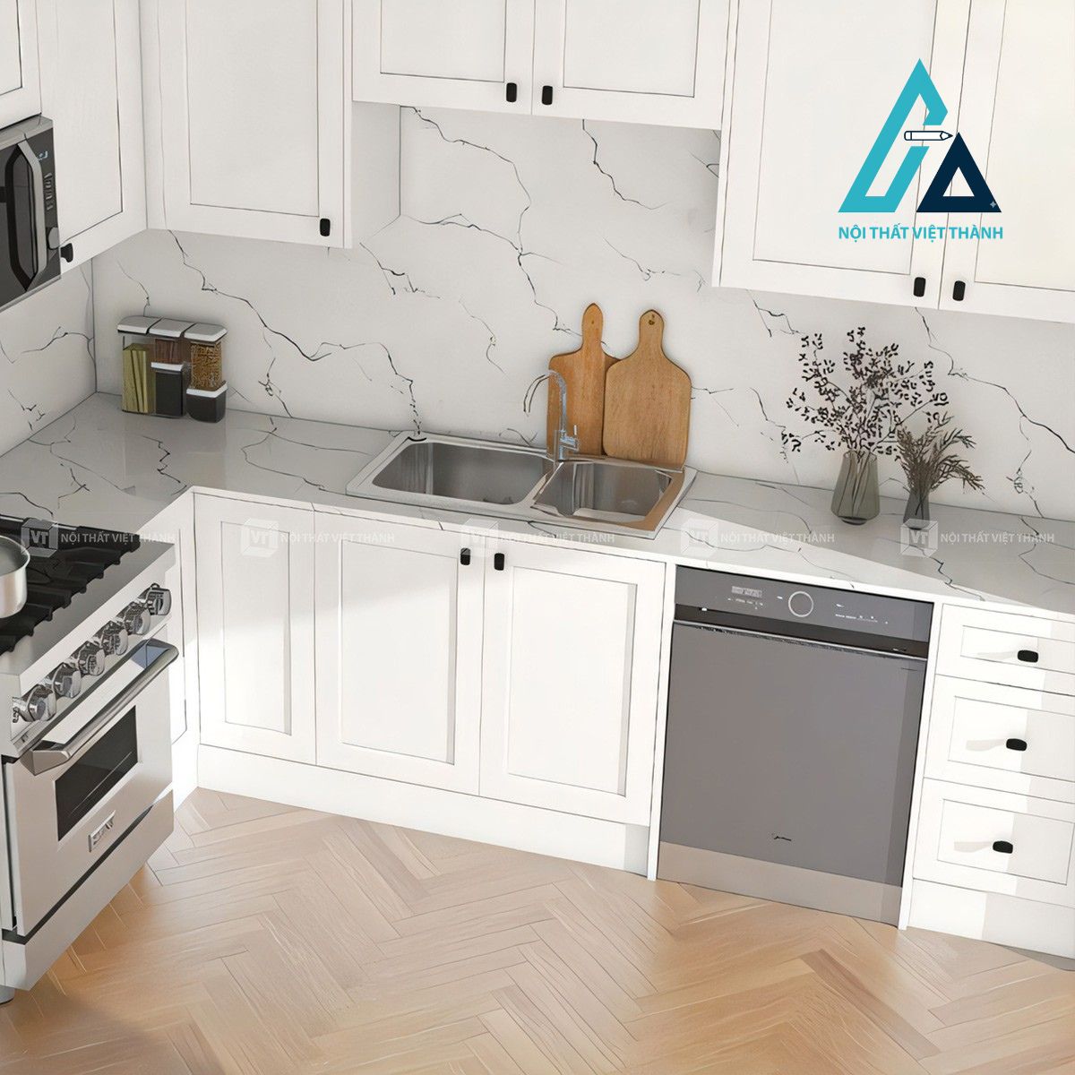 Tủ bếp gỗ công nghiệp cánh trắng phong cách hiện đại