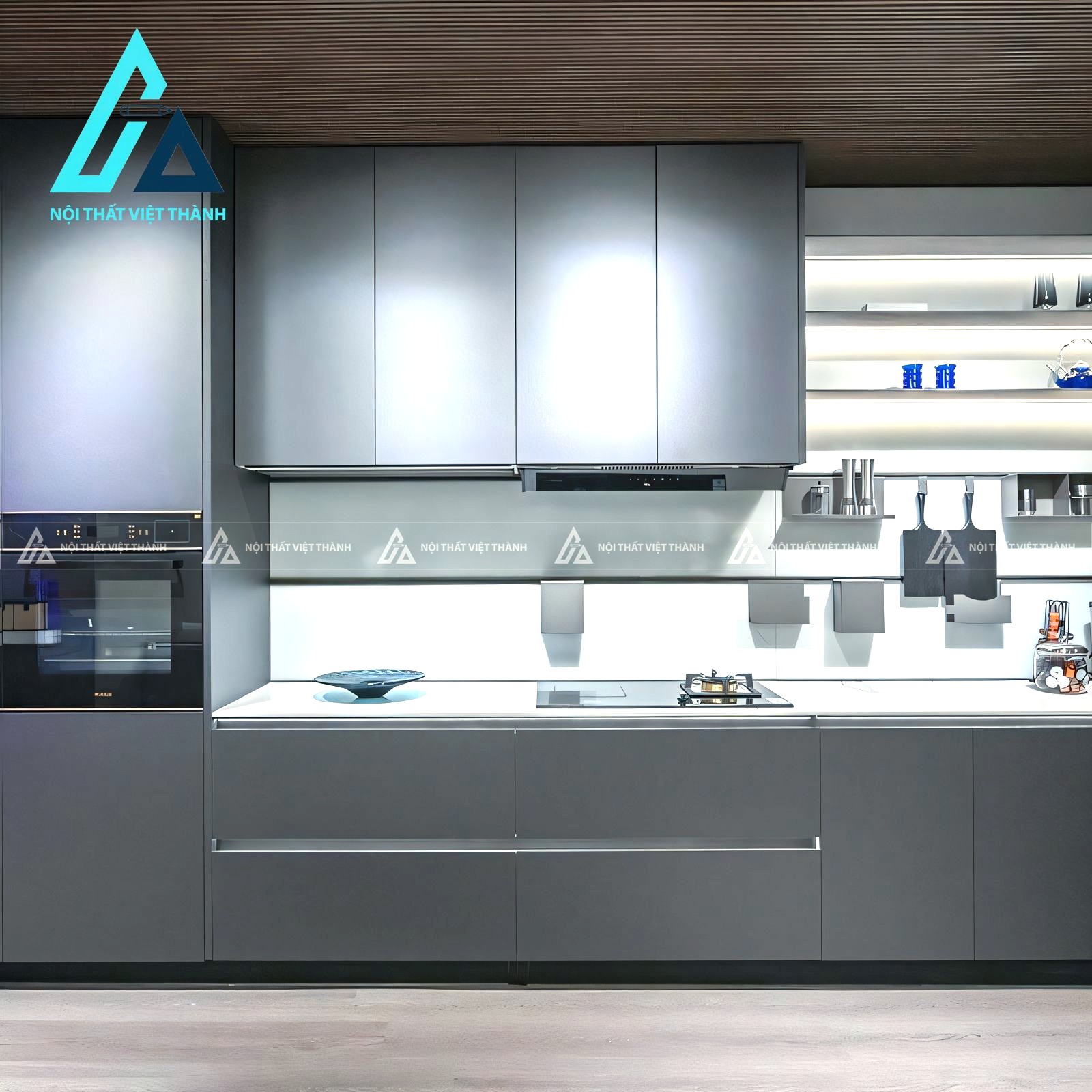 Tủ bếp gỗ công nghiệp MDF màu xám mờ hiện đại kèm đảo bếp tiện nghi