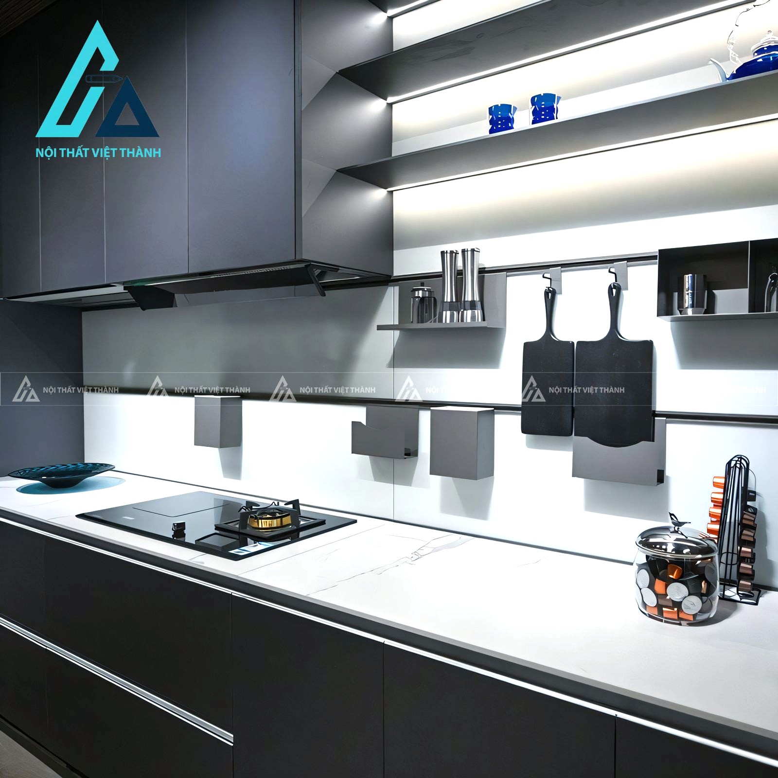 Tủ bếp gỗ công nghiệp MDF màu xám mờ hiện đại kèm đảo bếp tiện nghi 1