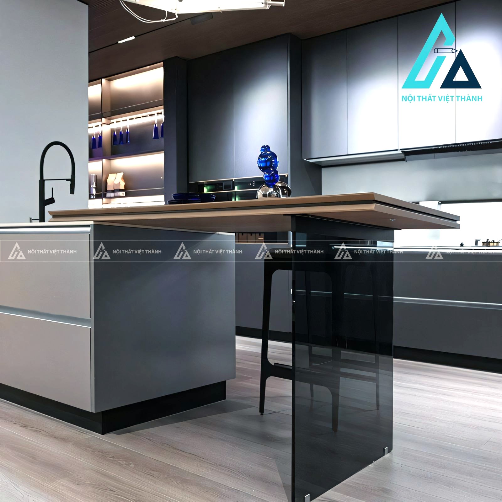 Tủ bếp gỗ công nghiệp MDF màu xám mờ hiện đại kèm đảo bếp tiện nghi 2