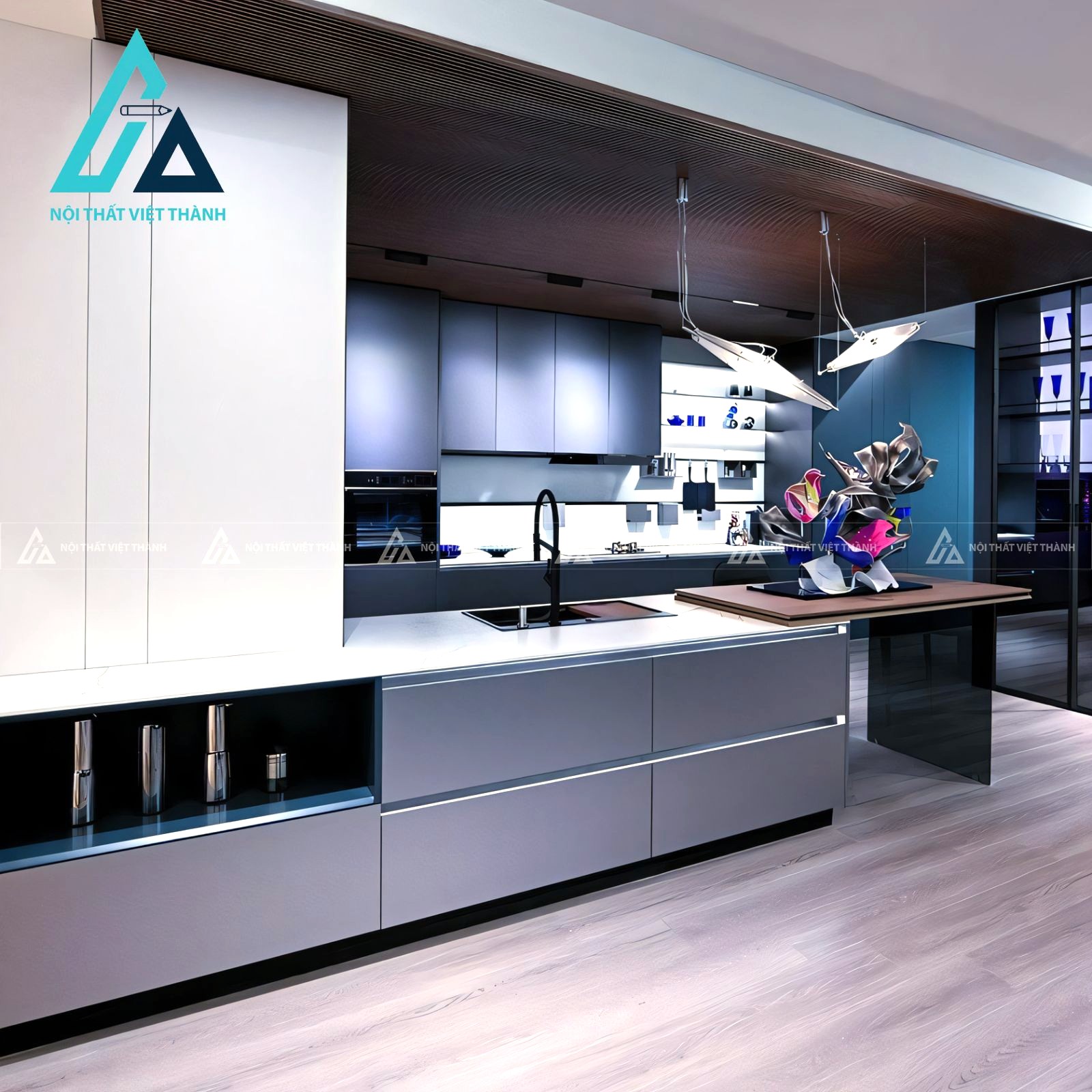 Tủ bếp gỗ công nghiệp MDF màu xám mờ hiện đại kèm đảo bếp tiện nghi 3