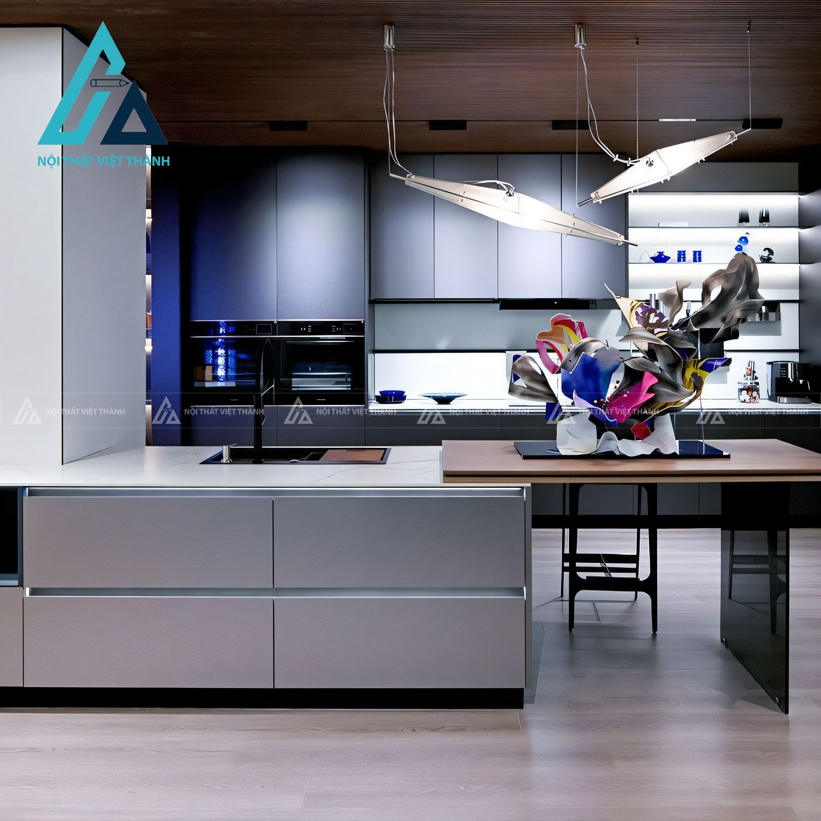 Tủ bếp gỗ công nghiệp MDF màu xám mờ hiện đại kèm đảo bếp tiện nghi 4