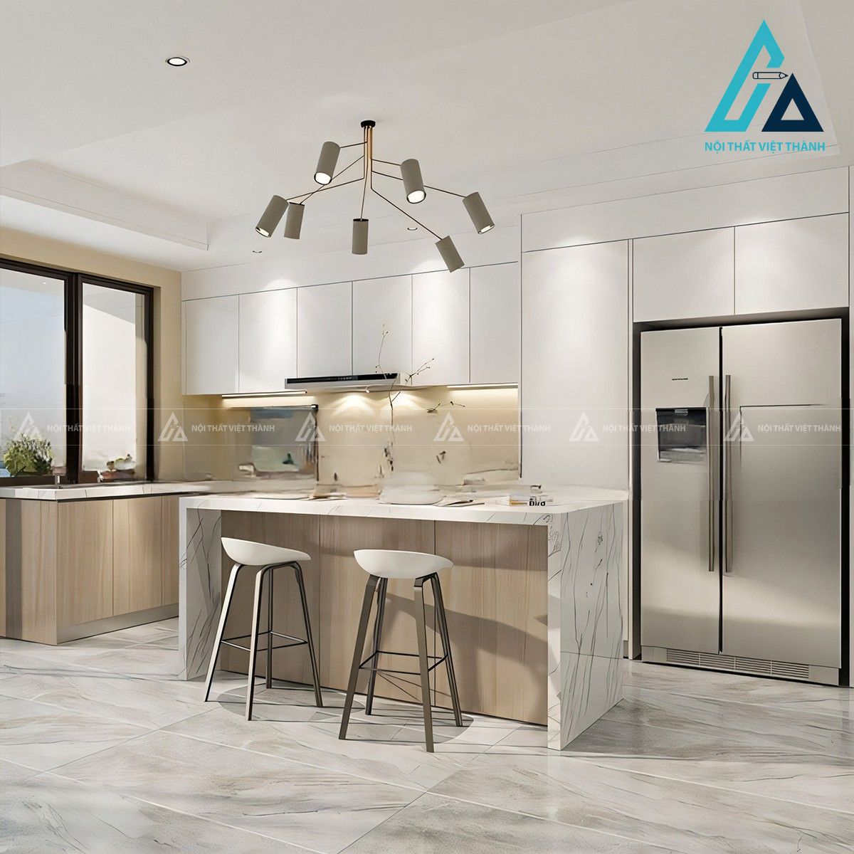 Tủ bếp gỗ MDF hiện đại màu trắng xám 1