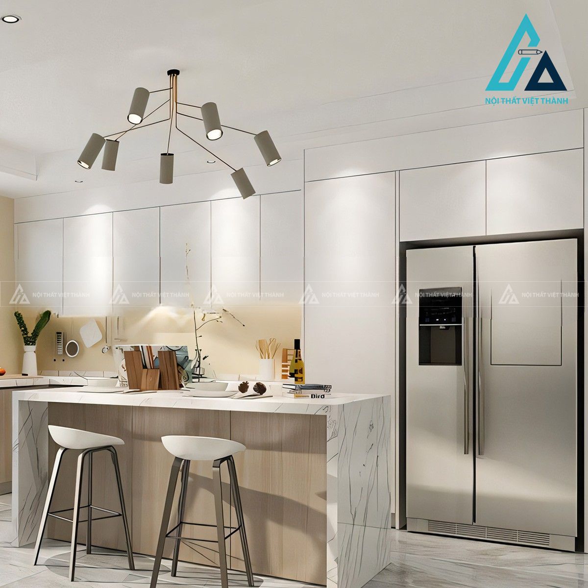 Tủ bếp gỗ MDF hiện đại màu trắng xám 2