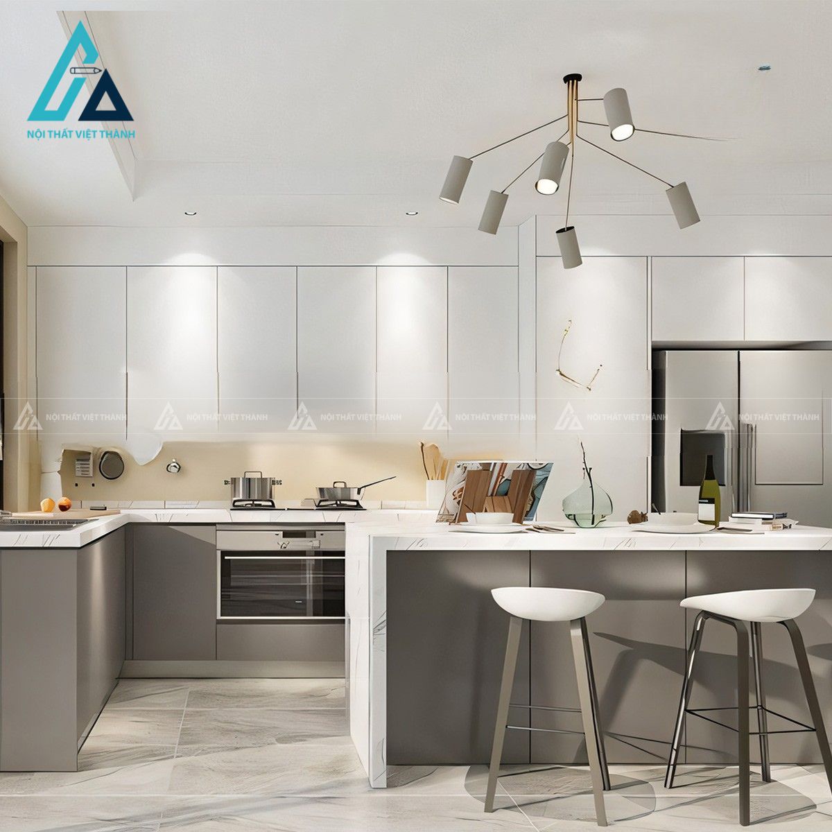 Tủ bếp gỗ MDF hiện đại màu trắng xám 3