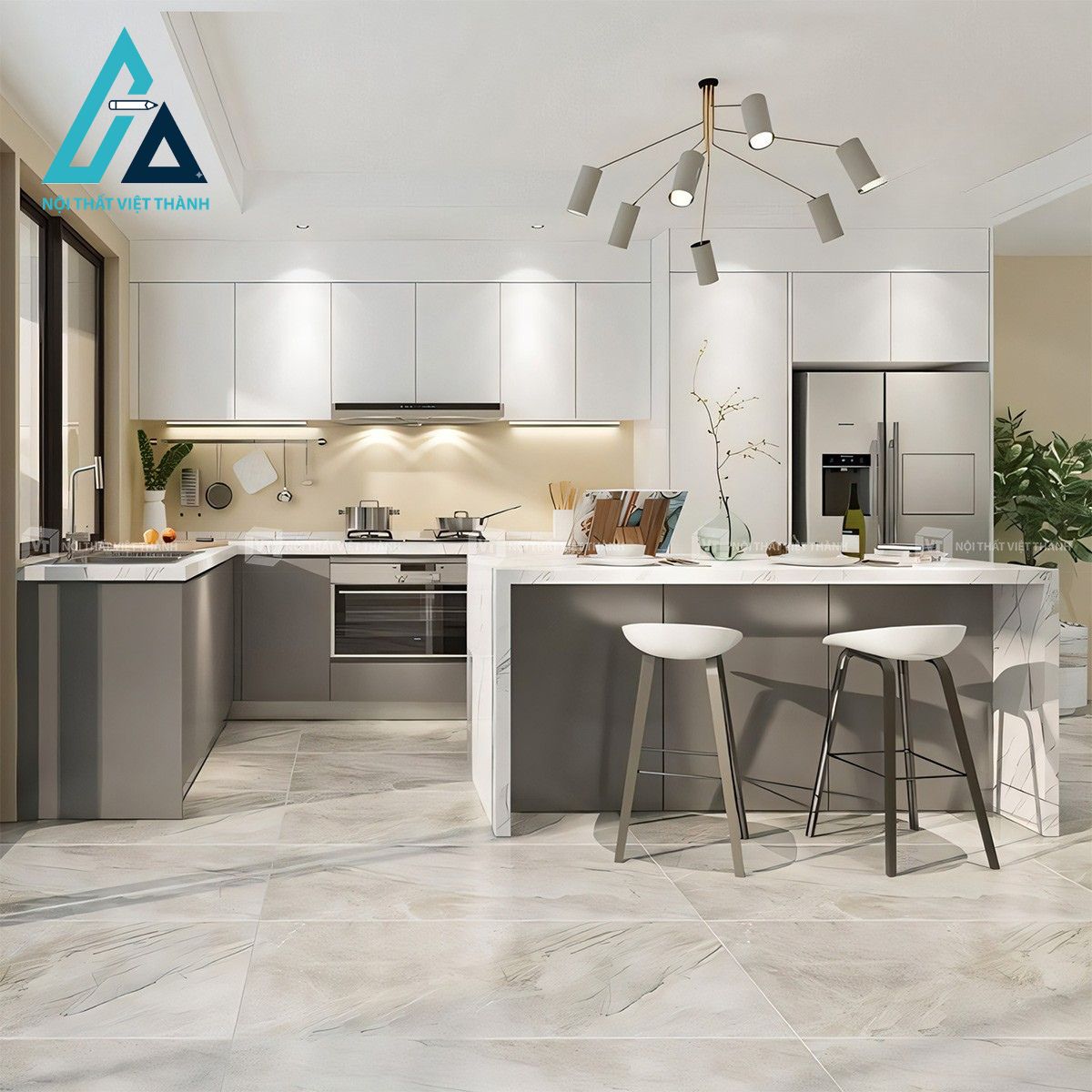 Tủ bếp gỗ MDF hiện đại màu trắng xám