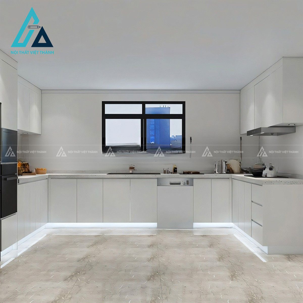 Tủ bếp gỗ MDF màu trắng hiện đại tối giản 1