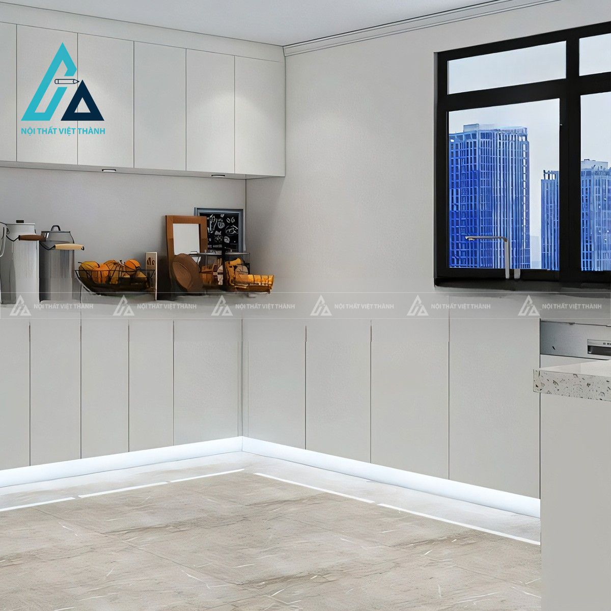 Tủ bếp gỗ MDF màu trắng hiện đại tối giản 2