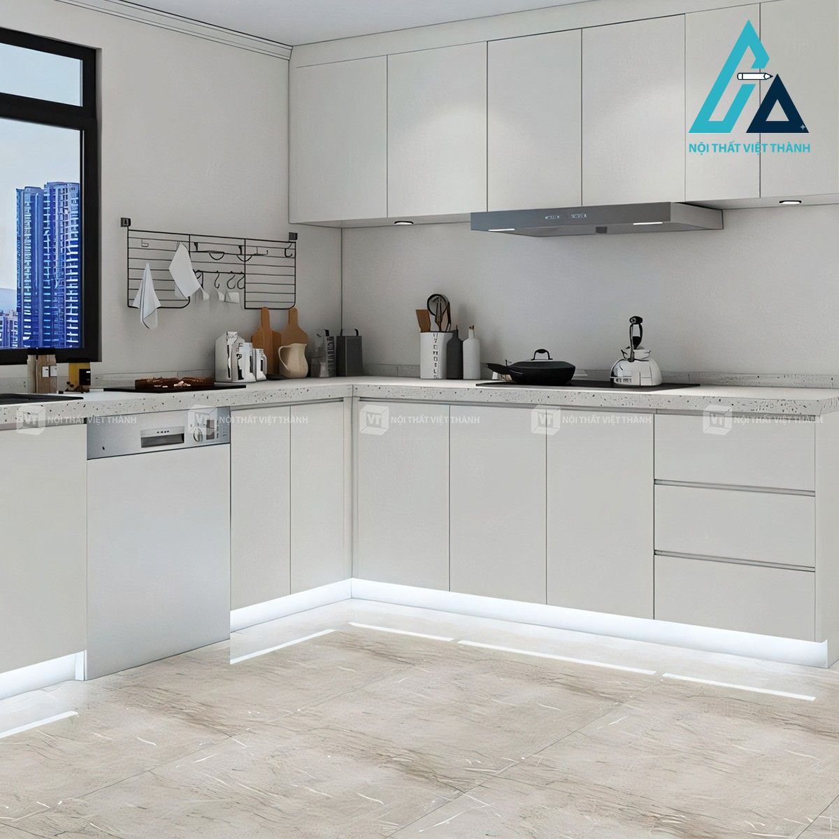 Tủ bếp gỗ MDF màu trắng hiện đại tối giản