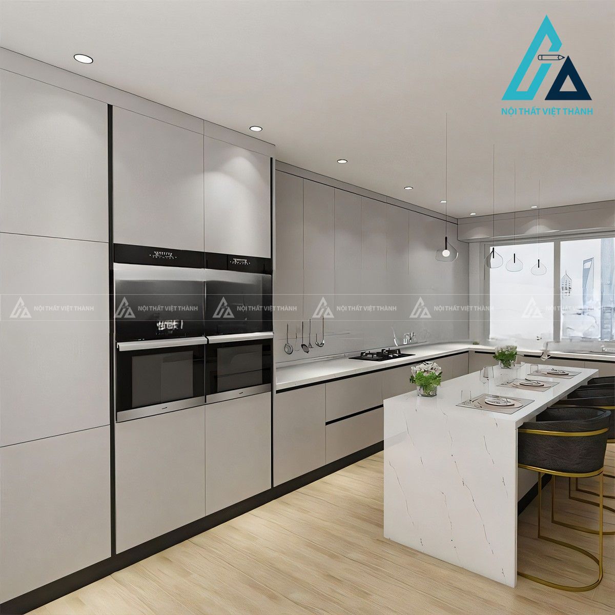 Tủ bếp gỗ MDF màu xám hiện đại 1