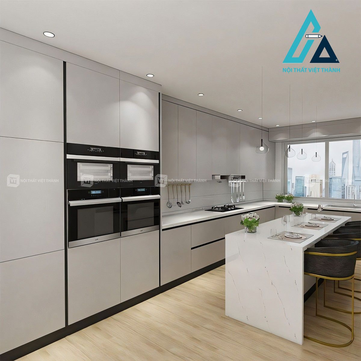 Tủ bếp gỗ MDF màu xám hiện đại