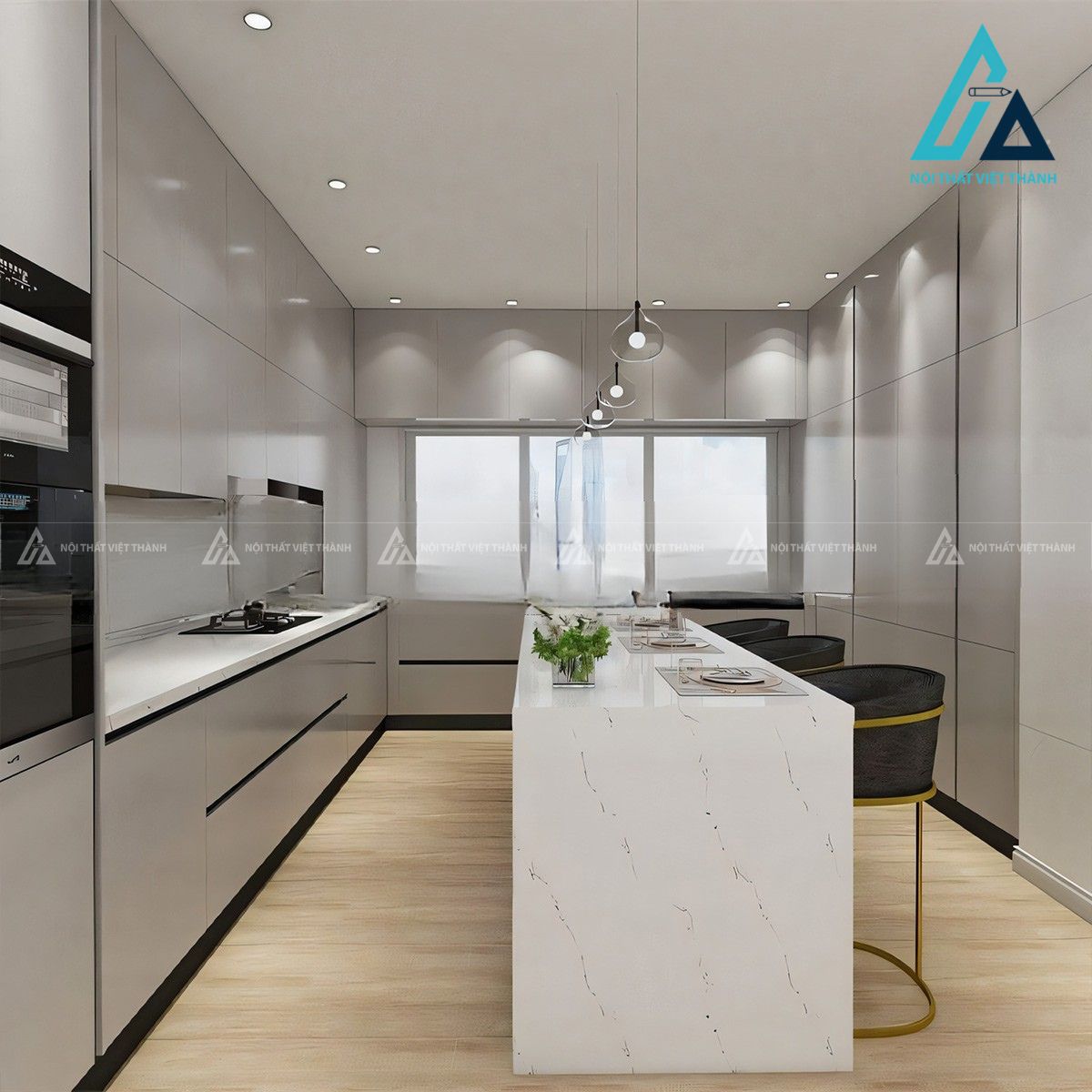 Tủ bếp gỗ MDF màu xám hiện đại 2