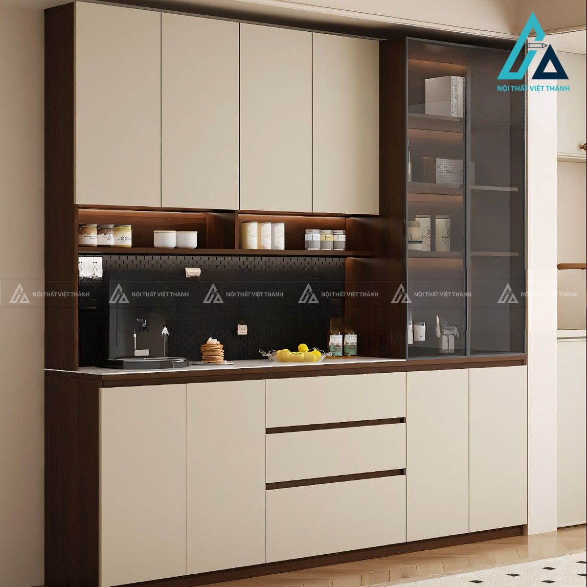 Tủ bếp MDF cánh kính màu khói hiện đại sang trọng 1