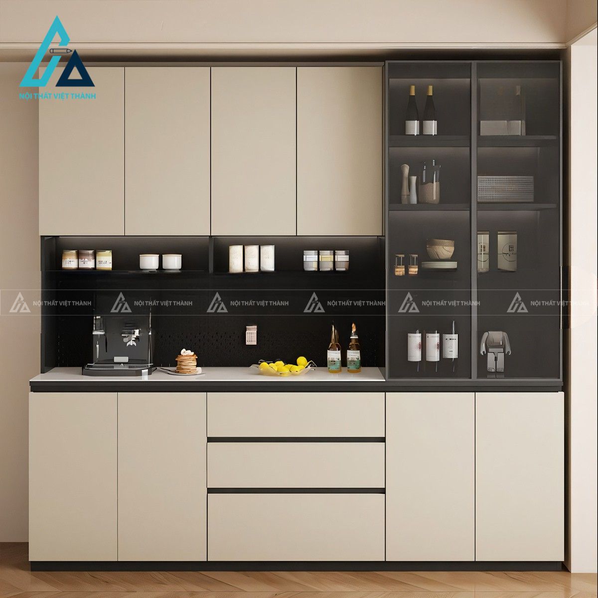 Tủ bếp MDF cánh kính màu khói hiện đại sang trọng 2