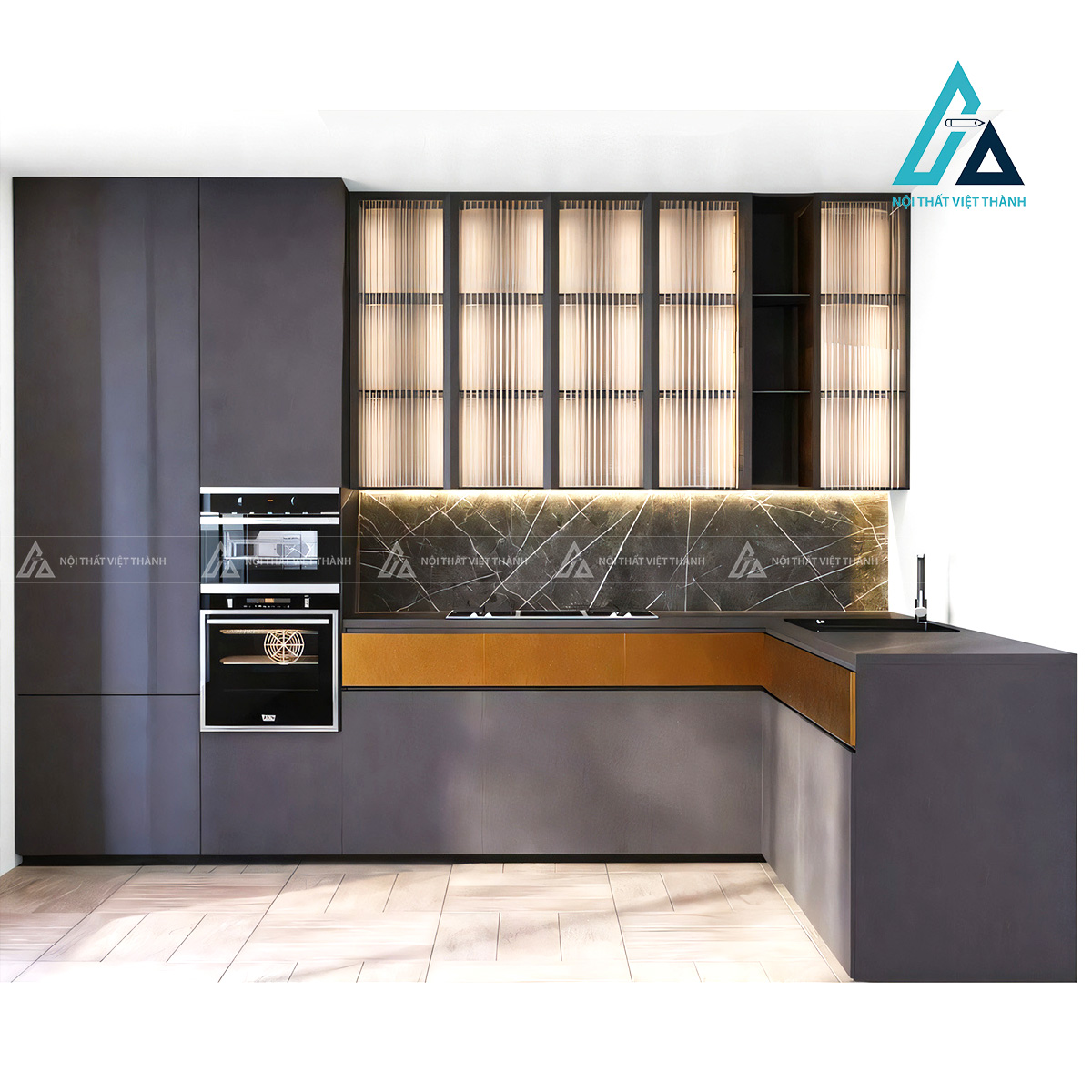 Tủ bếp MDF chữ L màu đen hiện đại cao cấp tối ưu không gian bếp