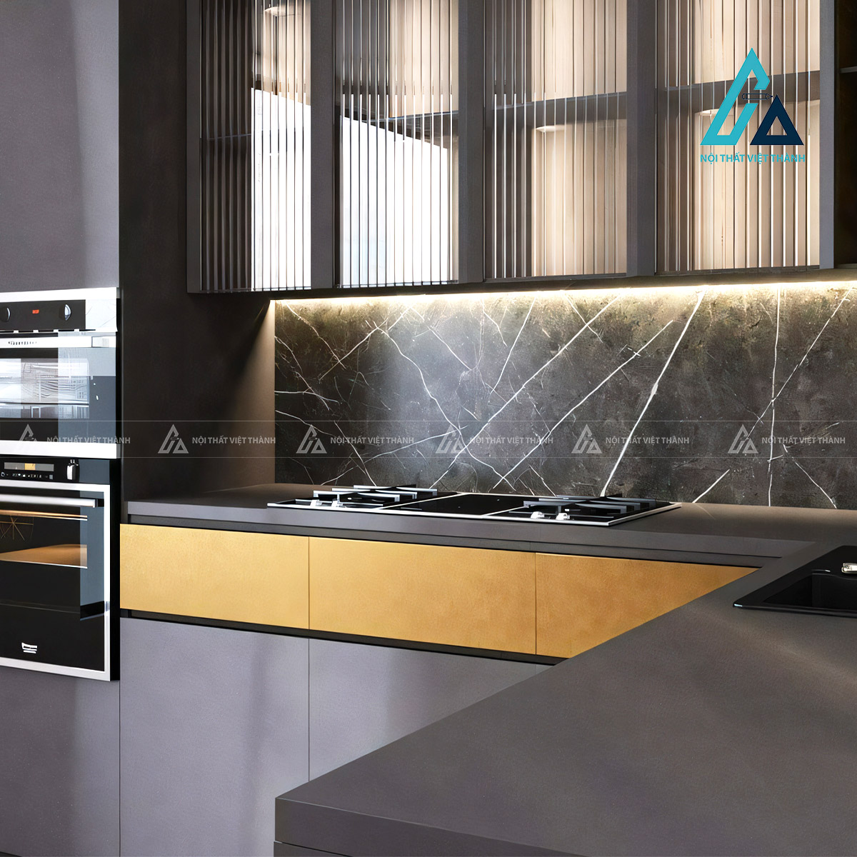 Tủ bếp MDF chữ L màu đen hiện đại cao cấp tối ưu không gian bếp 1