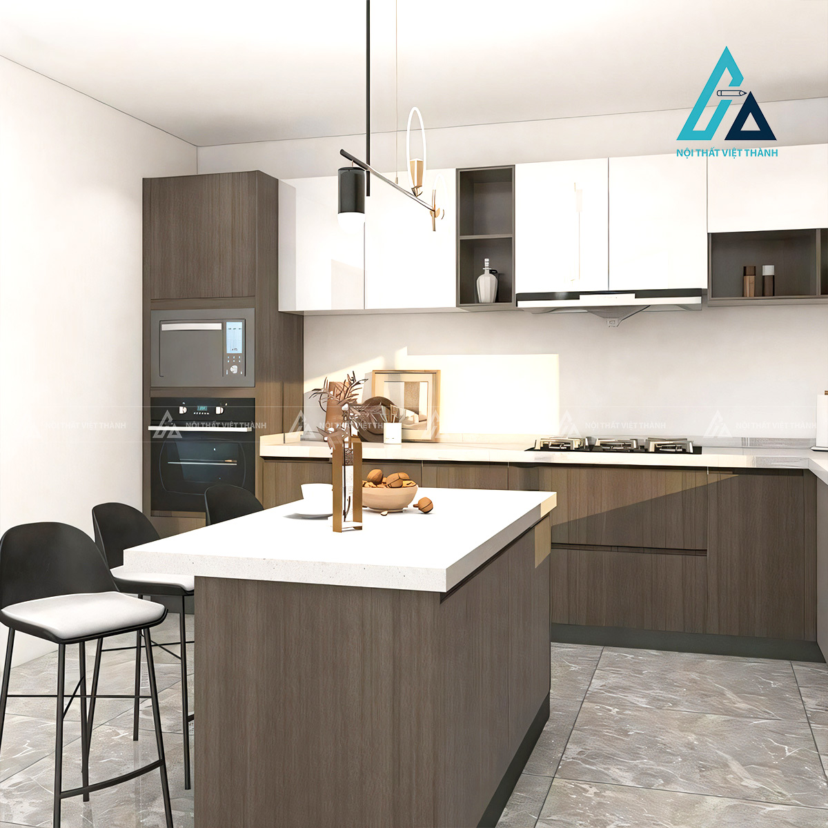 Tủ bếp MDF chữ L trắng hiện đại phối vân gỗ cao cấp tối ưu không gian bếp