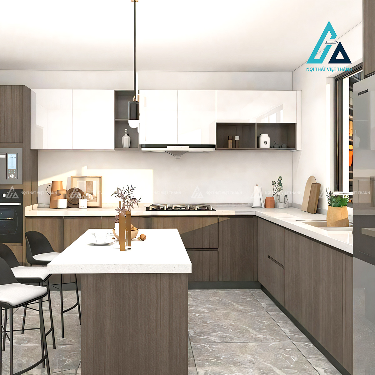 Tủ bếp MDF chữ L trắng hiện đại phối vân gỗ cao cấp tối ưu không gian bếp 1