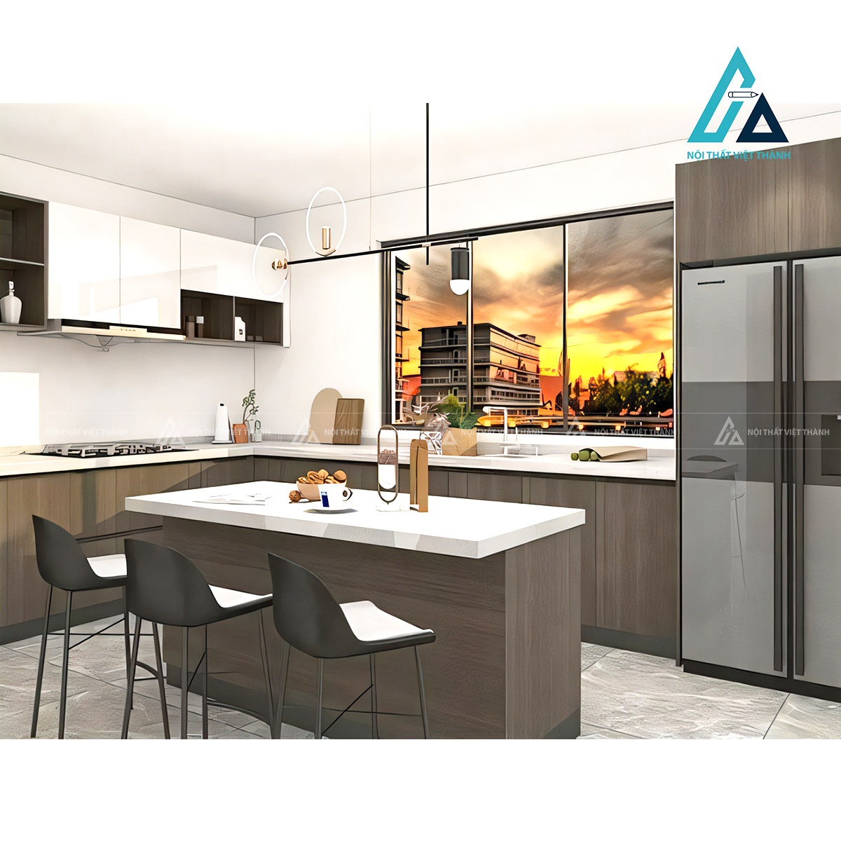 Tủ bếp MDF chữ L trắng hiện đại phối vân gỗ cao cấp tối ưu không gian bếp 3